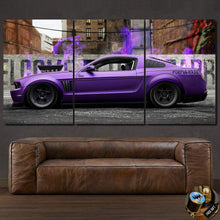 Load image into Gallery viewer, Purple Ford Mustang canvas wall art in three panels above brown leather sofa