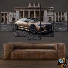 Laden Sie das Bild in den Galerie-Viewer, Audi RS7 C8 matte brown canvas wall art with classic building backdrop, 5-piece framed set above leather sofa
