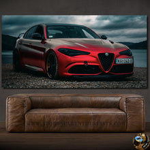 Load image into Gallery viewer, Red Alfa Romeo Giulia Quadrifoglio car photo canvas wall art above brown leather sofa