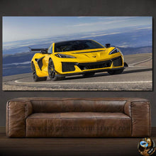 Load image into Gallery viewer, Yellow Chevrolet Corvette ZR1 sports car canvas wall art above brown leather sofa