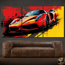 Load image into Gallery viewer, Three-piece Enzo Canvas wall art featuring a vibrant red sports car on bold red, black, and yellow background above a brown leather sofa.