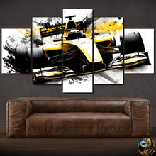 Load image into Gallery viewer, Formula F1 Canvas wall art featuring a yellow racing car in five-panel canvas print above a brown leather sofa