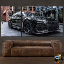 Load image into Gallery viewer, Audi RS6 ABT black sports car canvas wall art in three panels above brown leather sofa