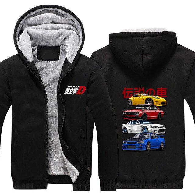 JDM Top Quality Zipper Hoodie Sweatshirt Jacket Long Sleeve Jumper Clothing Apparel Hat Supra 370Z GTR Silvia Civic Evo STI Initial D Japan Drift Fujiwara FREE Shipping Worldwide Sports Car Enthusiast...
