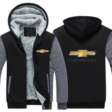 Load image into Gallery viewer, Black and gray Chevrolet hoodie with zipper and soft lining, featuring Chevrolet logo on front and back, unisex adult sizes.