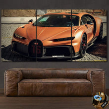Laden Sie das Bild in den Galerie-Viewer, Bugatti Chiron Pur Sport orange sports car canvas wall art in three panels above brown leather sofa