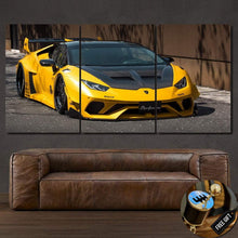 Load image into Gallery viewer, Yellow Lamborghini Aventador Liberty Walk canvas wall art in three panels displayed above brown sofa