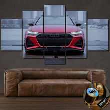 Load image into Gallery viewer, Audi RS6-R ABT red sports car front view canvas wall art above brown leather sofa with gift keychain badge