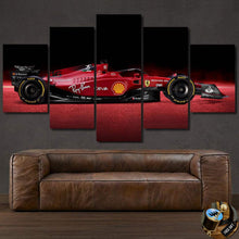 Load image into Gallery viewer, Multi-panel Formula F1 Canvas wall art featuring a red racing car above a brown leather sofa