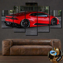 Laden Sie das Bild in den Galerie-Viewer, Multi-panel Lamborghini Liberty Walk wallpaper canvas featuring a red sports car above a brown leather sofa