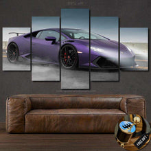 Laden Sie das Bild in den Galerie-Viewer, Purple Lamborghini Huracan multi-panel canvas wall art above brown leather sofa