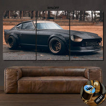 Load image into Gallery viewer, Datsun 240Z canvas wall art triptych above brown leather sofa with free gear shifter keychain gift