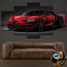Load image into Gallery viewer, Multi-panel Bugatti Chiron canvas wall art above brown leather sofa with free gear shifter keychain gift