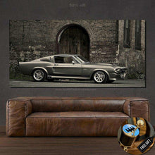 Load image into Gallery viewer, Gray vintage Ford Mustang wallpaper canvas mounted above a brown leather sofa in a living room setting