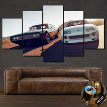 Load image into Gallery viewer, Multi-panel Dodge car wallpaper canvas print above brown leather sofa with free gear shifter keychain gift