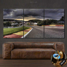 Load image into Gallery viewer, Spa-Francorchamps Circuit panoramic canvas wall art with dramatic sky, luxury racing track scene, perfect sports car enthusiast gift