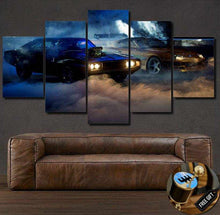 Load image into Gallery viewer, Multi-panel Dodge car wallpaper canvas print above brown leather sofa, dark smoky background