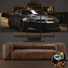 Load image into Gallery viewer, Chevrolet Camaro multi-panel canvas wall art above leather sofa, sports car enthusiast gift, free shipping and keychain included