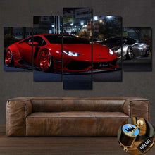 Load image into Gallery viewer, Red Lamborghini Aventador sports car canvas wall art above brown leather sofa with free gift gear shift keychain