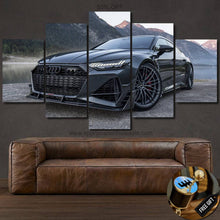 Load image into Gallery viewer, Audi RS7-R black sports car canvas wall art set above brown leather sofa with free gear shifter keychain gift