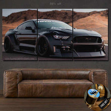 Load image into Gallery viewer, Black Ford Mustang car canvas wall art above brown leather sofa in modern living room