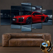 Load image into Gallery viewer, Red Audi R8 sports car canvas wall art set displayed above brown leather sofa