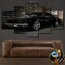 Load image into Gallery viewer, Dodge Charger SRT Hellcat black muscle car canvas wall art split into five panels above brown leather sofa