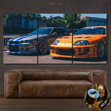 Load image into Gallery viewer, Fast & Furious canvas wall art featuring iconic sports cars, framed multi-panel print with free gear shifter keychain gift.