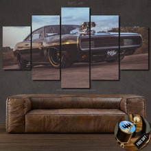 Load image into Gallery viewer, Dodge Charger RT canvas wall art with five-panel black muscle car design and free gear shifter keychain gift