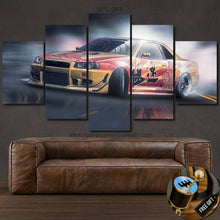 Load image into Gallery viewer, Nissan GT-R R34 Skyline drift car canvas wall art set displayed above brown leather sofa with gear shifter keychain gift