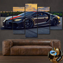 Load image into Gallery viewer, Bugatti Chiron Super Sport canvas wall art print above brown leather sofa with free gear shifter keychain gift