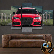 Load image into Gallery viewer, Red Audi RS6 Canvas Wall Art in five-panel framed design above brown leather sofa