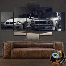 Load image into Gallery viewer, BMW M3 E30 and F80 car photo canvas wall art with free worldwide shipping and bonus gear shifter keychain gift