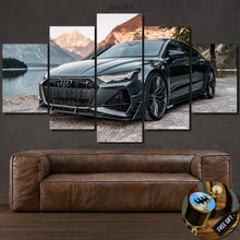 Load image into Gallery viewer, Audi RS7-R ABT sports car canvas wall art set with mountain and lake background, framed and split into multiple panels for home decor