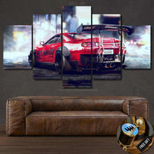 Load image into Gallery viewer, Toyota Supra red sports car multi-panel canvas wall art above brown leather sofa