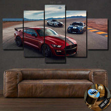 Load image into Gallery viewer, Ford Mustang Shelby Cobra multi-panel canvas wall art above brown leather sofa with free gear shifter keychain gift