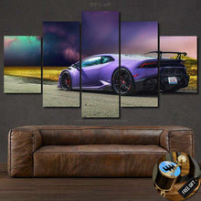 Load image into Gallery viewer, Purple Lamborghini Huracan multi-panel canvas wall art above brown leather sofa