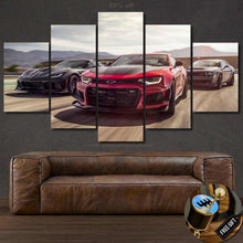 Load image into Gallery viewer, Five-piece canvas wall art featuring Dodge Challenger SRT Demon and sports cars in motion