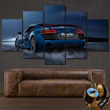 Load image into Gallery viewer, Audi R8 sports car multi-panel canvas wall art above a brown leather sofa with free gear shifter keychain gift