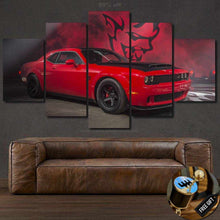 Load image into Gallery viewer, Multi-panel canvas wall art featuring a red Dodge Challenger SRT with dark background and red devil graphic above the car