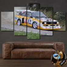 Load image into Gallery viewer, Audi S1 Quattro racing car canvas wall art in 5-piece framed set above brown leather sofa