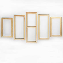 Load image into Gallery viewer, Set of five natural wooden frames for canvas stretching and display, various sizes included
