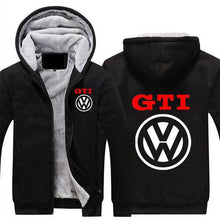 Load image into Gallery viewer, Black Volkswagen VW GTI Hoodie with red GTI and white VW logo, zipper closure, lined interior, available in adult and child sizes