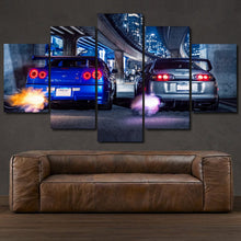 Load image into Gallery viewer, Toyota Supra &amp; Nissan GT-R R34 5-piece framed canvas print – wall art gift for sports car enthusiasts
