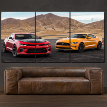 Laden Sie das Bild in den Galerie-Viewer, Ford Mustang &amp; Chevrolet Camaro 3-piece framed canvas print – premium motorsport wall art