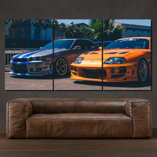 Load image into Gallery viewer, Fast &amp; Furious GT-R R34 &amp; Supra 3-piece framed canvas print – premium motorsport wall art