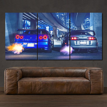 Load image into Gallery viewer, Toyota Supra &amp; Nissan GT-R R34 3-piece framed canvas print – premium motorsport wall art