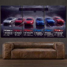 Load image into Gallery viewer, Toyota Supra Nissan GT-R R34 Mazda RX-7 Honda NSX Impreza Mitsubishi EVO 6 3-piece framed canvas print – premium motorsport wall art
