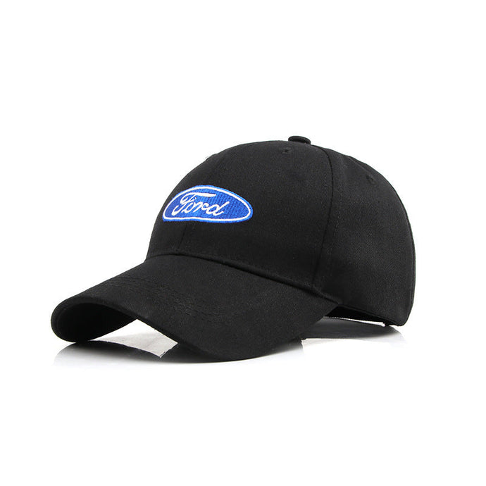 Black Ford Hat with blue and white embroidered logo, adjustable fit, durable and comfortable design