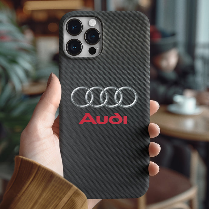 Coque iPhone en fibre de carbone et verre trempé Audi, livraison gratuite dans le monde entier